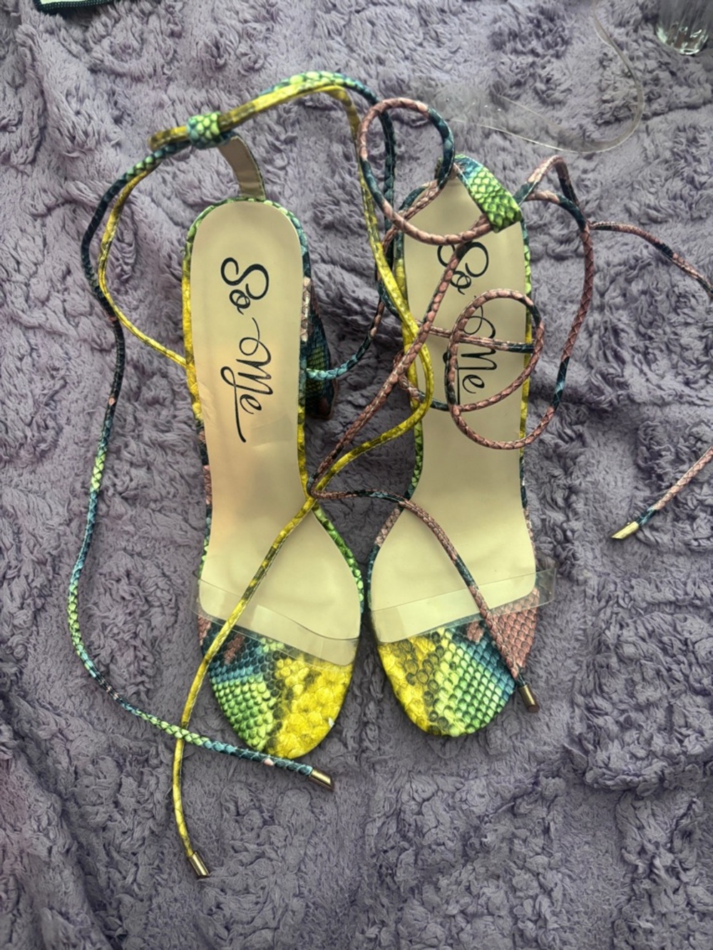 So Me Multicolor Snake-Print Lace-Up Heels in Yellow, Green, Pink